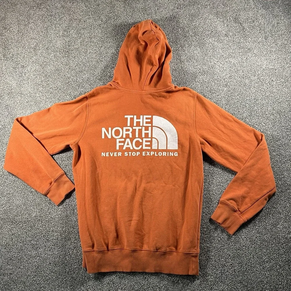 The North Face Pullover Hoodie Orange Men’s Small Fleece Sweatshirt Logo